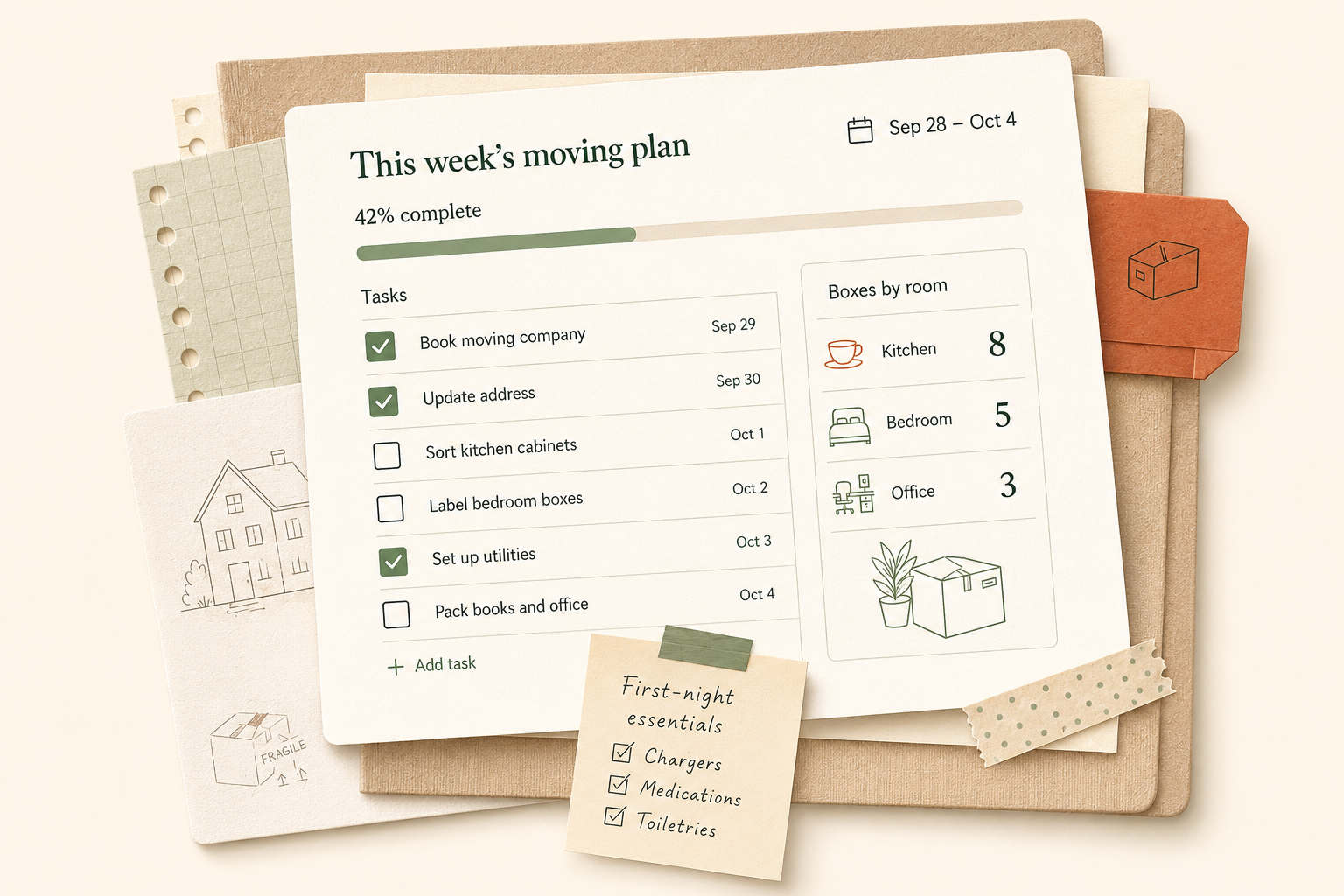 A warm paper moving planner with weekly tasks, boxes by room, and first-night essentials